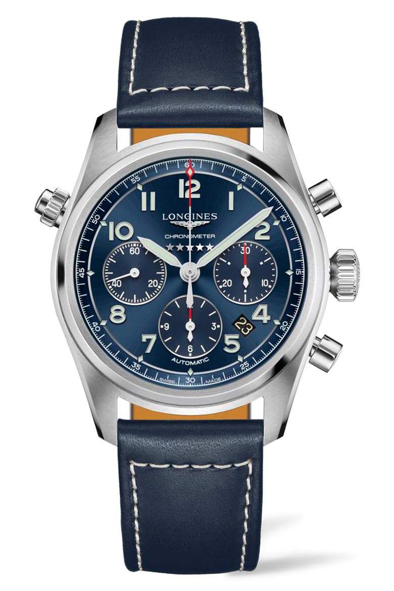 Spirit Automatic Chronograph Leather Strap Watch, 42mm, Main, color, BLUE/ SILVER