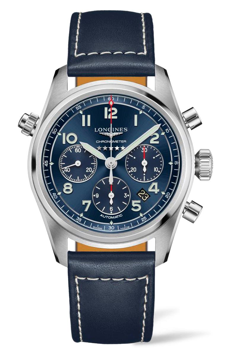 Longines Spirit Automatic Chronograph Leather Strap Watch, 42mm, Main, color, Blue/ Silver