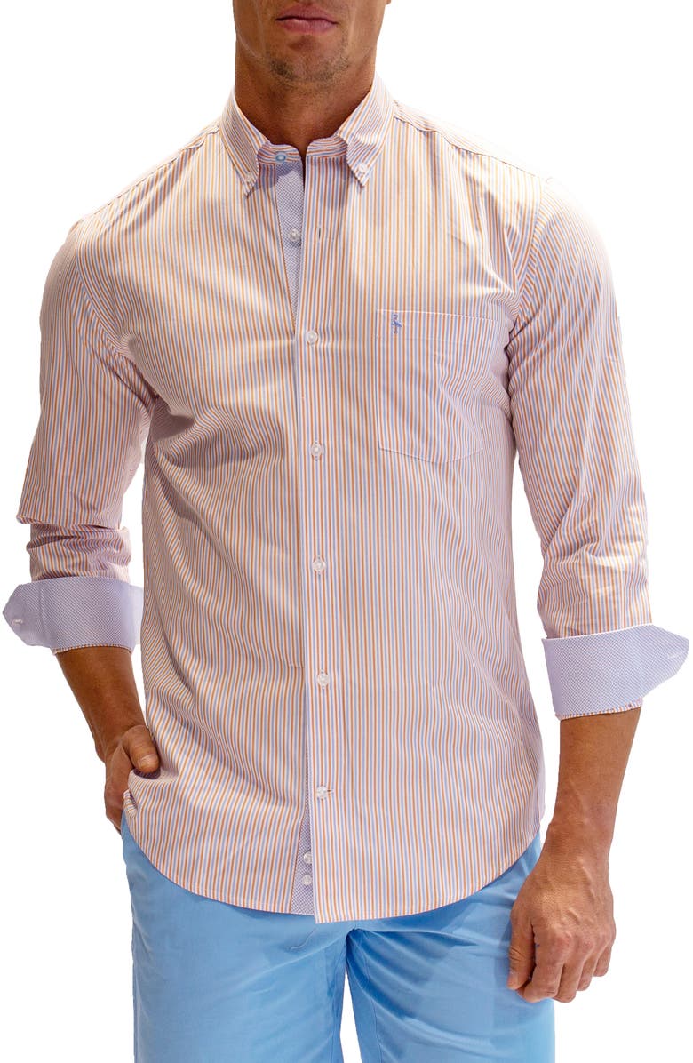 TailorByrd Heritage Stripe Print Long Sleeve Cotton Button-Down Shirt, Main, color, Orange