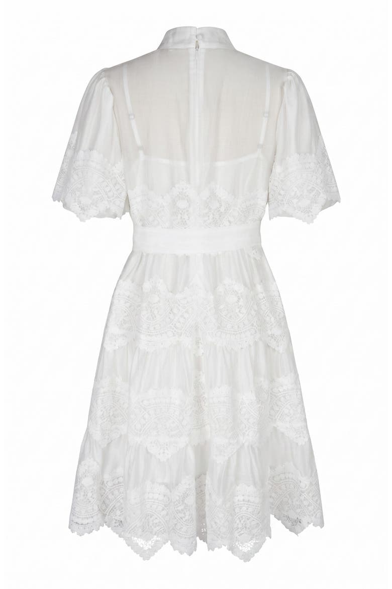 Lace Trim Puff Sleeve Midi Dress with Waist Tie, Alternate, color, White