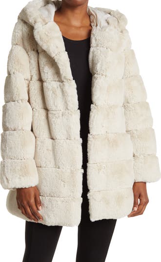 Bcbgeneration Women s Bcbgmaxazria Quilted Faux Fur Hooded Coat Natural Long Coats