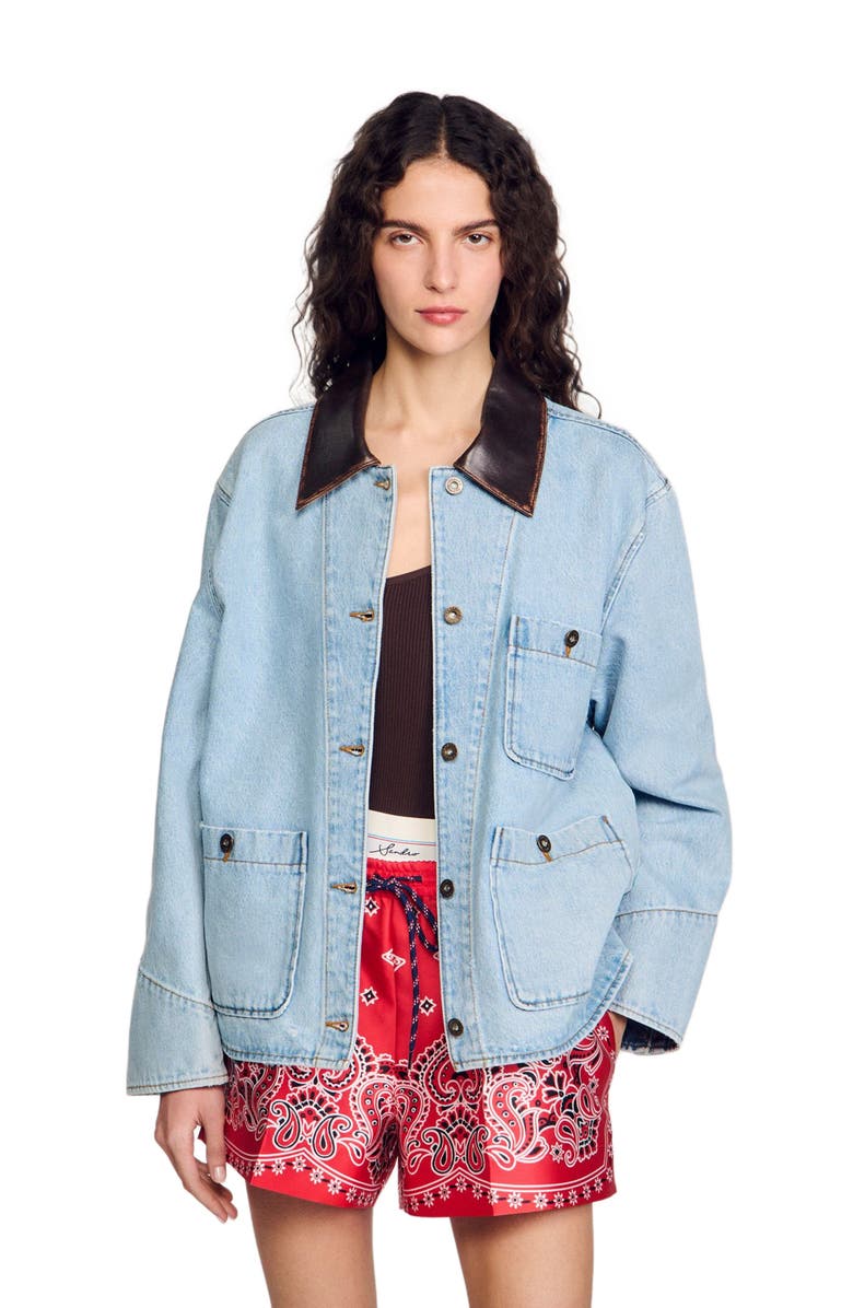 SANDRO Denim jacket with leather collar, Main, color,
