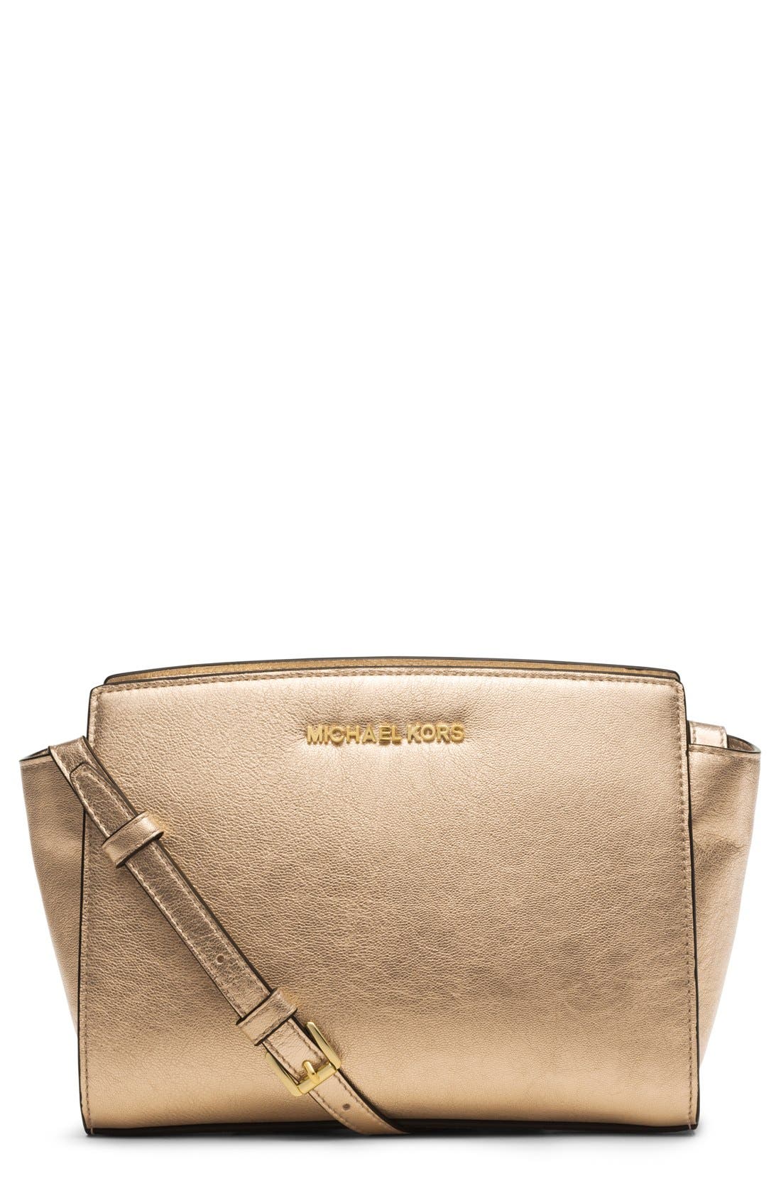 'Medium Selma' Metallic Leather Crossbody Bag, Main, color, PALE GOLD