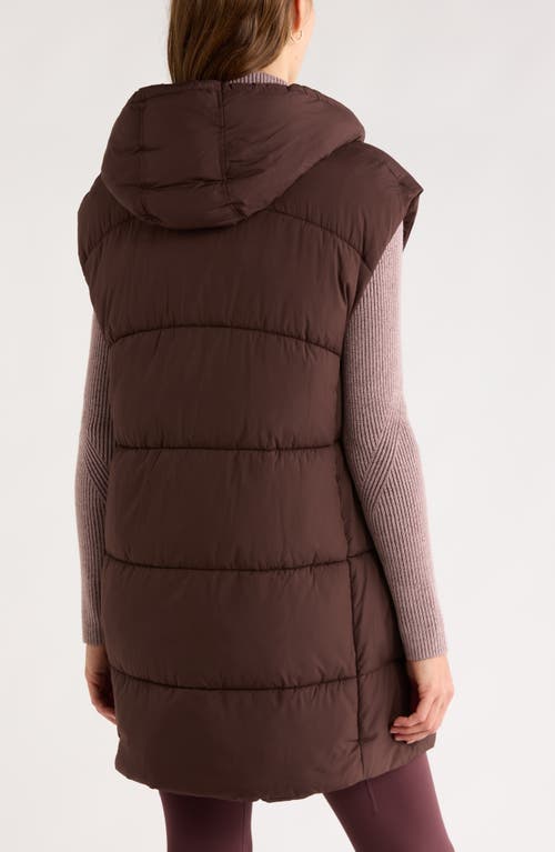 Zella Longline Hooded Puffer Vest In Brown