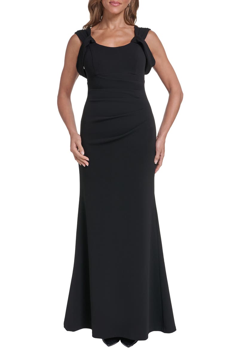 Drape Detail Stretch Crepe Mermaid Gown, Main, color, BLACK