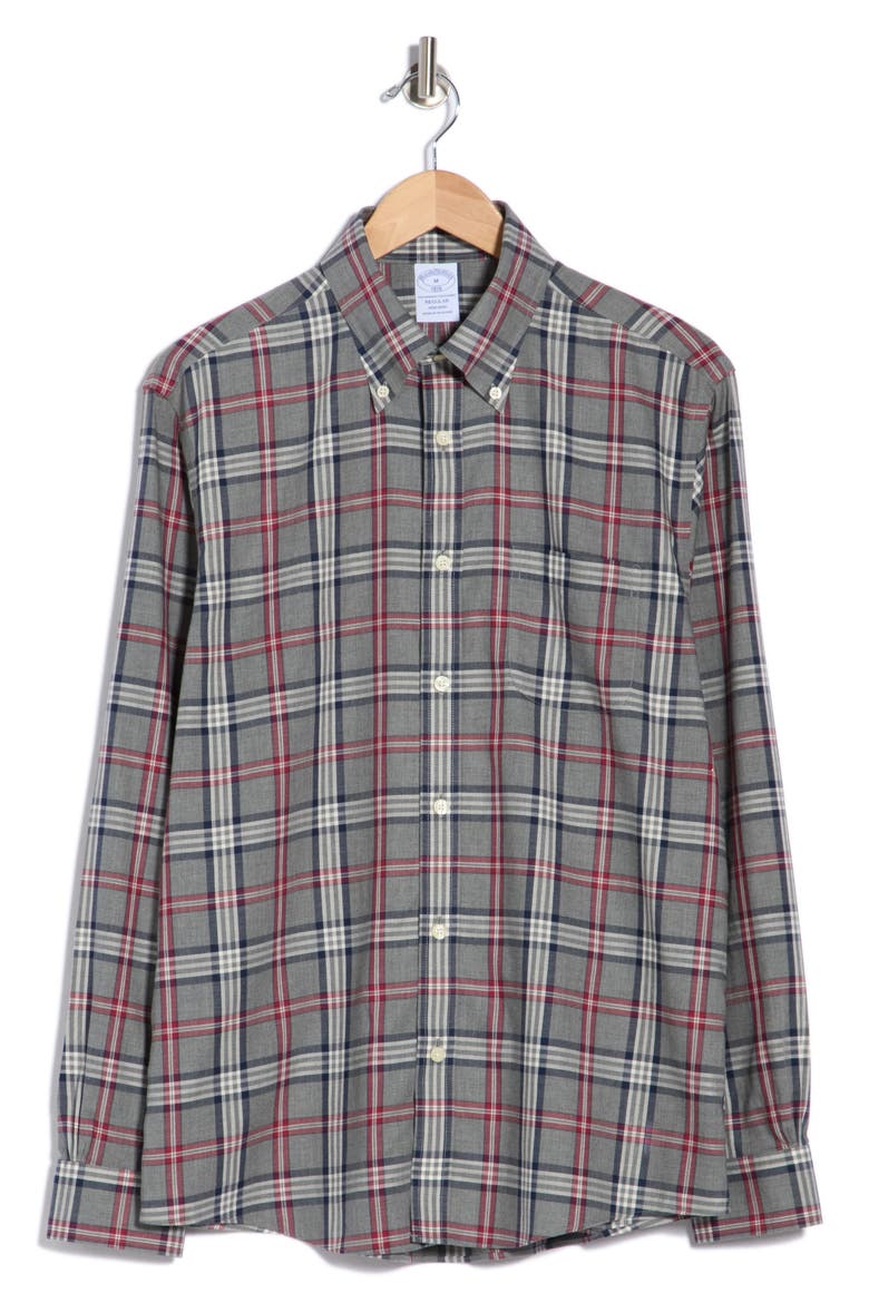 Regular Fit Plaid Cotton Sport Shirt, Main, color, GREY