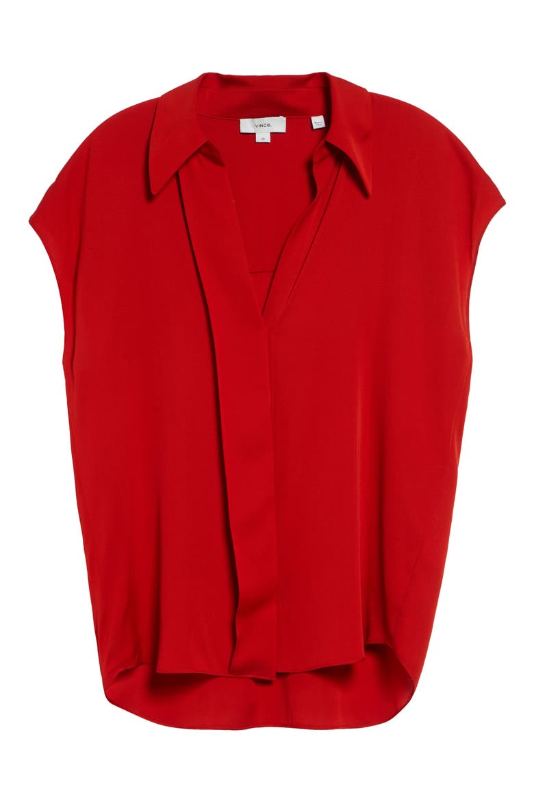 Cap Sleeve Stretch Silk Button-Up Shirt, Alternate, color, POPPY