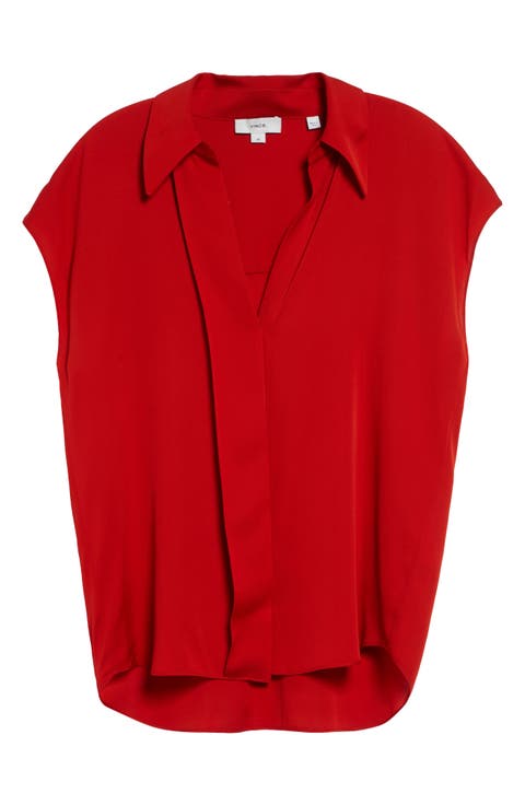 Cap Sleeve Stretch Silk Button-Up Shirt