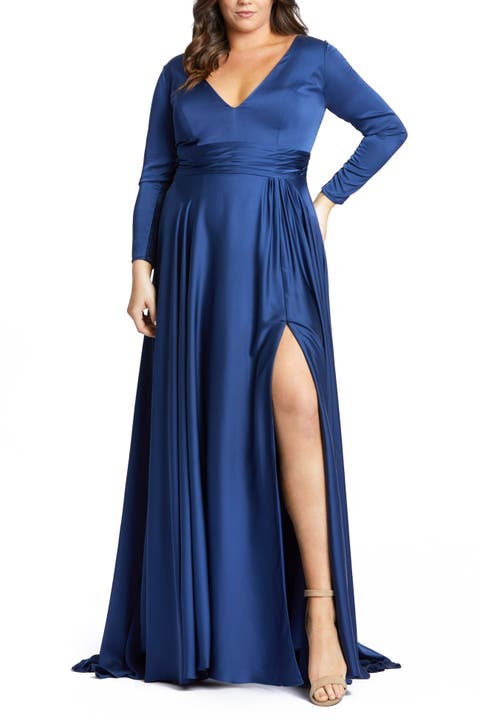 Classic Satin Long Sleeve Evening Gown (Plus)
