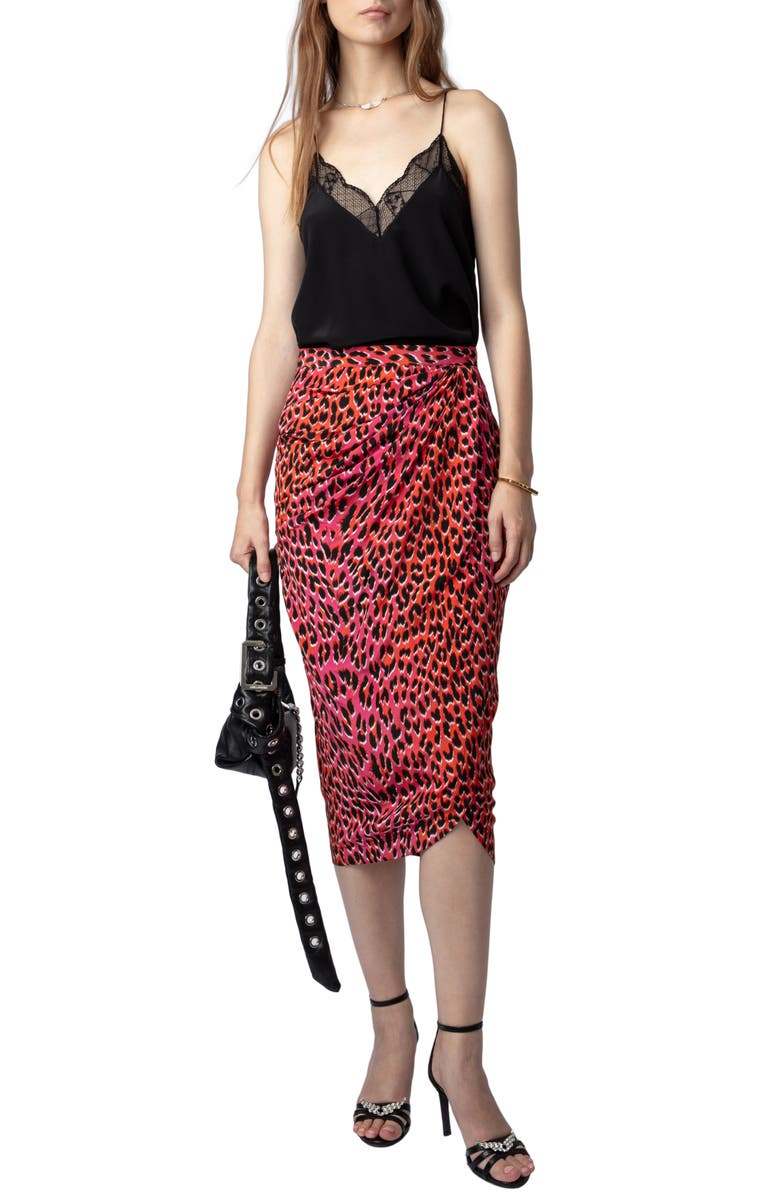 Zadig & Voltaire Jamelia Leopard Spot Silk Faux Wrap Midi Skirt, Alternate, color, 