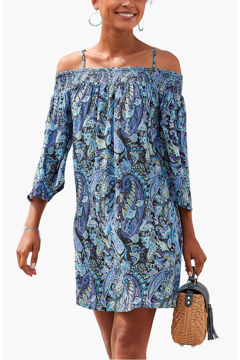 Women's Off Shoulder Patterned Dress, Main, color, Blue Multi