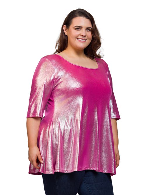 24seven Comfort Apparel Metallic Scoop Neck Flared Tunic Top In Pink