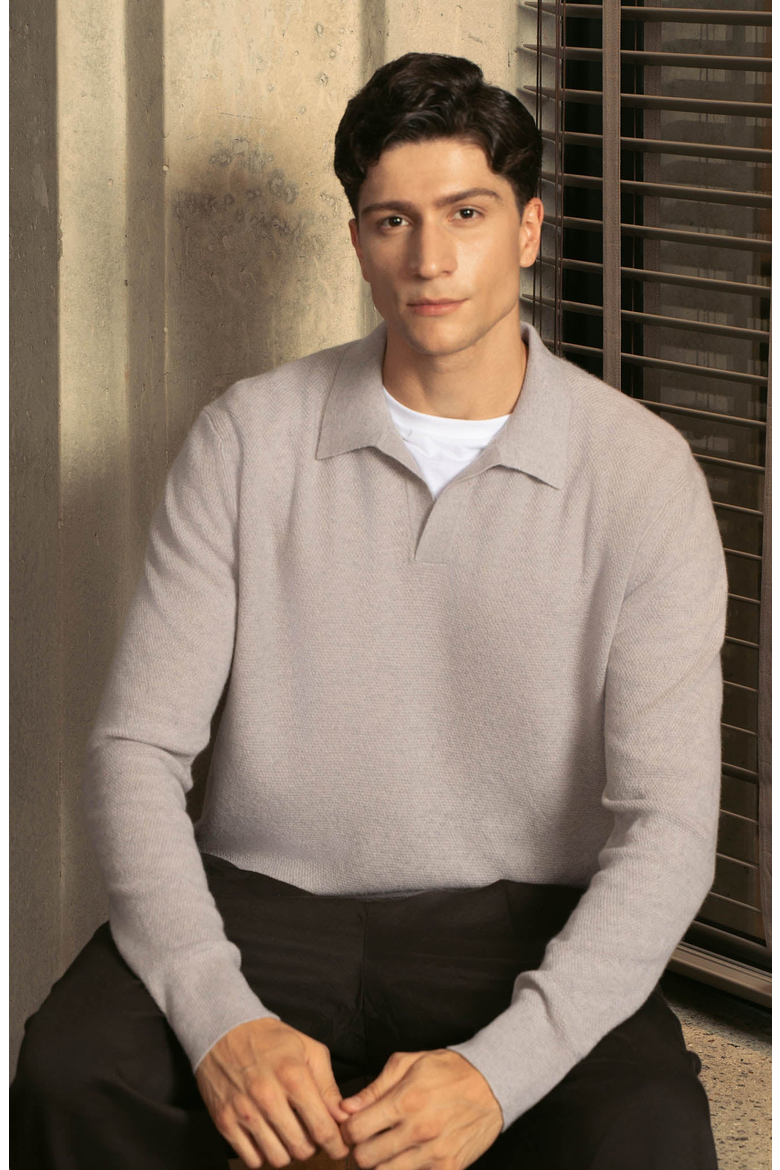 Olivier Birdseye Cashmere Long Sleeve Polo, Alternate, color, Toasted Oat