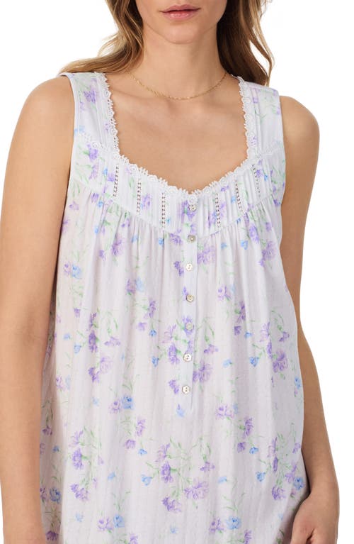 Eileen West Floral Sleeveless Short Cotton Lawn Nightgown In White