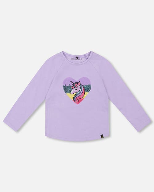 Deux Par Deux Organic Cotton Long Sleeve T-shirt With Sequin Unicorn In Purple
