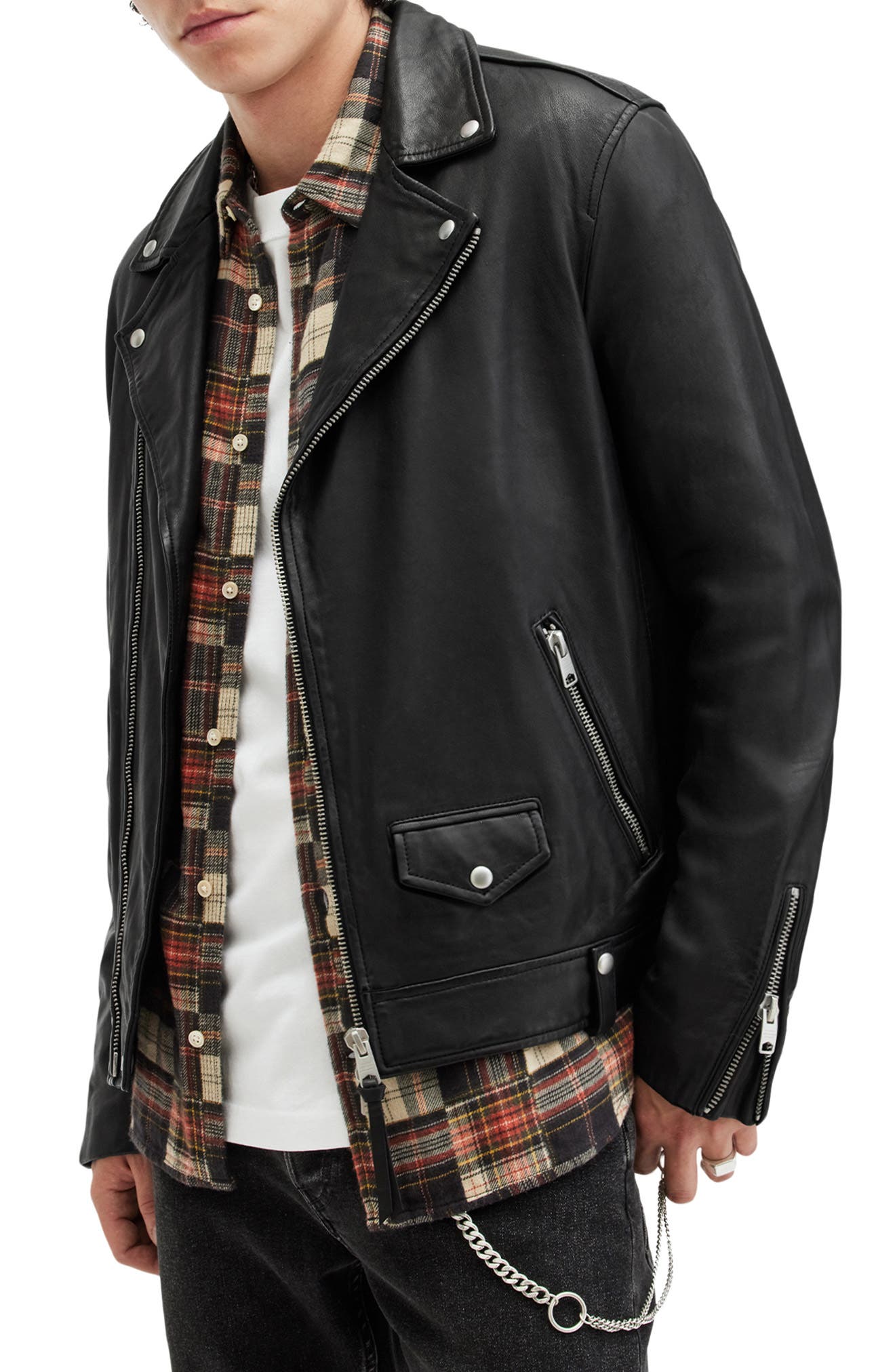 AllSaints Milo Asymmetric Zip Leather Biker Jacket (Men) | Nordstrom