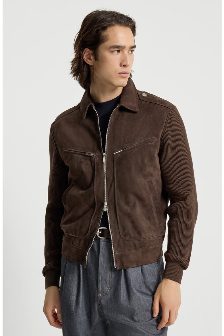 Suede and knit outerwear jacket, Alternate, color, Espresso