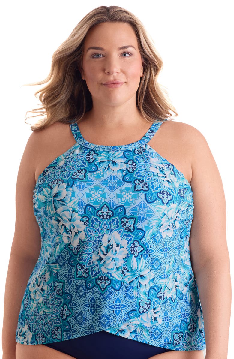 ShapeSolver High Neck Tankini Plus Size Swimsuit Top, Main, color, Barcelona Blues