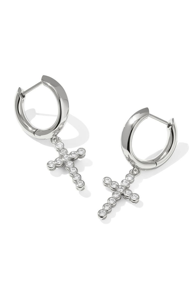 Cross Crystal Drop Huggie Hoop Earrings, Main, color, SILVER
