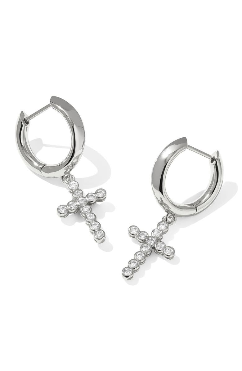 Kendra Scott Cross Crystal Drop Huggie Hoop Earrings, Main, color, Silver