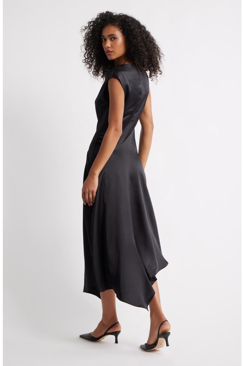 Cowl Neck Asymmetric Satin Midi Dress, Alternate, color, BLACK