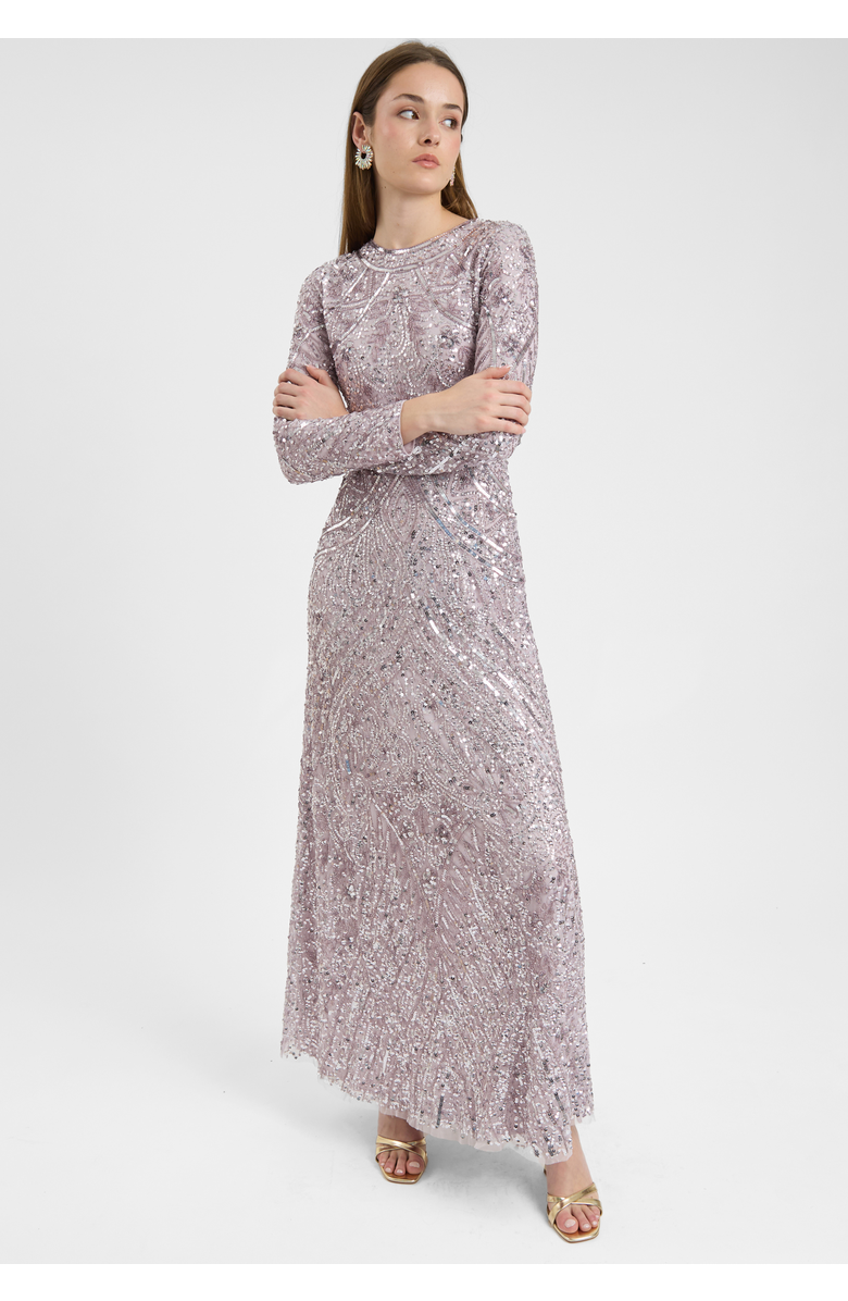 MARYISA Modest Embellished Allover Sequin Beaded Dress Maxi, Alternate, color, Lilac