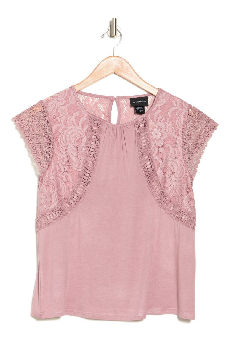 Lace Cap Sleeve Mixed Media Top, Alternate, color, MAUVE