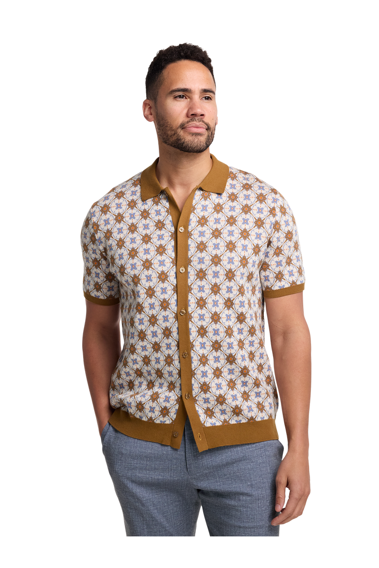 Cotton Button Front Polo, Alternate, color, Tan Multi