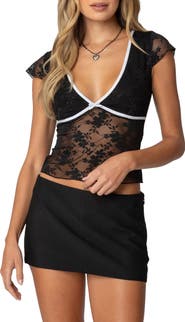 EDIKTED Avi Sheer Lace Crop Top