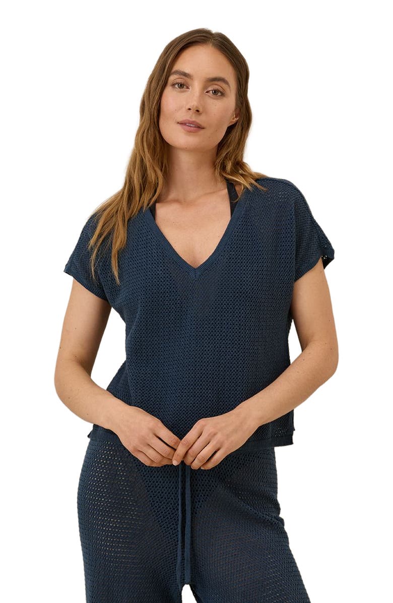 Pact Beachside Linen V-Neck Top Made with Organic Cotton, Alternate, color, French Navy