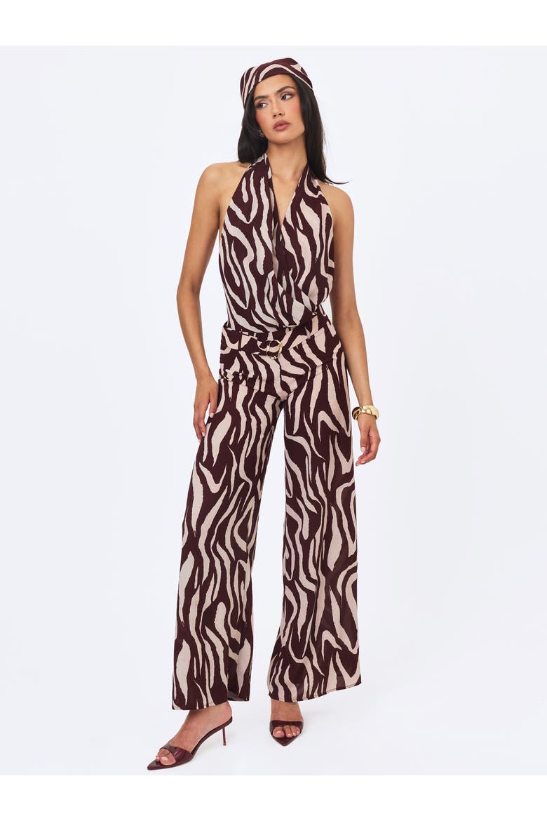 Ashlyn Abstract Zebra Print Belted Halter Jumpsuit, Alternate, color, Burgundy