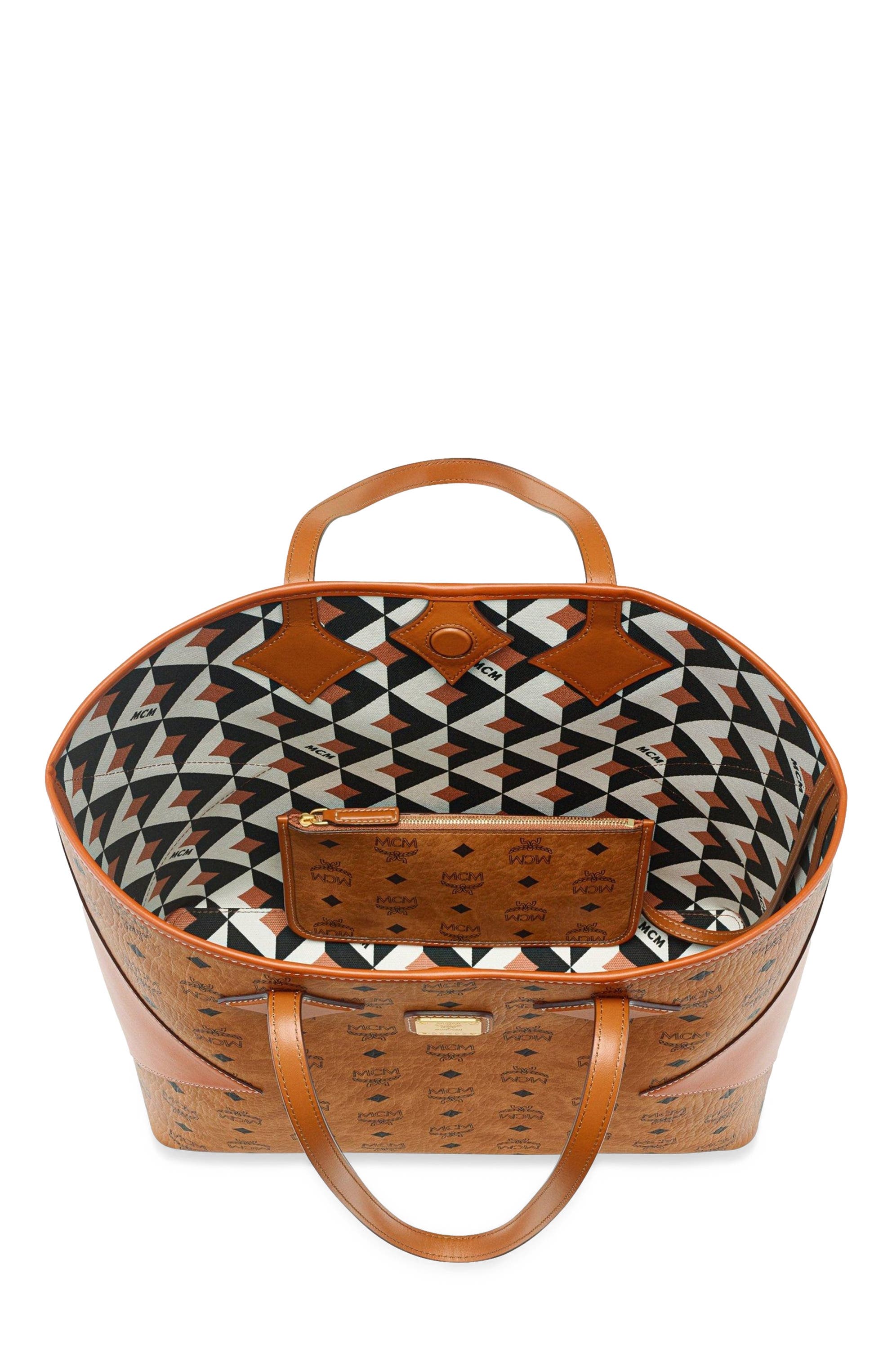 MCM Large Dia Shopper in Visetos Leather Mix, Alternate, color, Cognac