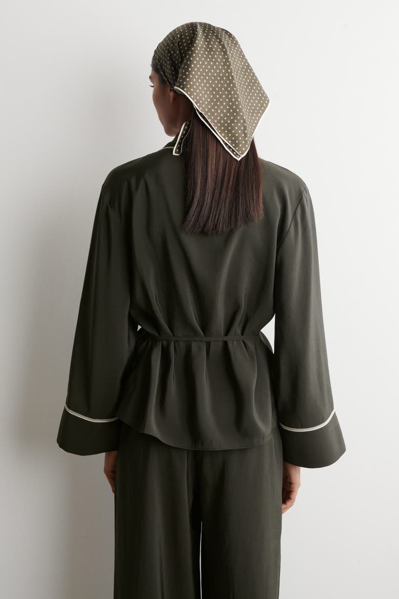 Contrast-piped Belted Wrap Top, Alternate, color, DARK GREEN