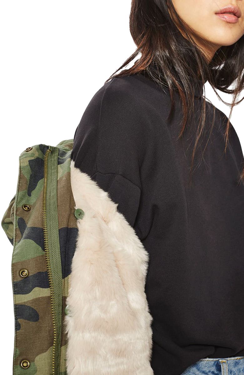 Topshop Ben Faux Fur Lined Camo Jacket, Alternate, color,