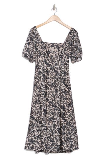 Socialite Floral Puff Sleeve Midi Dress In Black - White Print