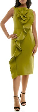Nina Leonard Oversize Rosette Ruffle Sheath Dress