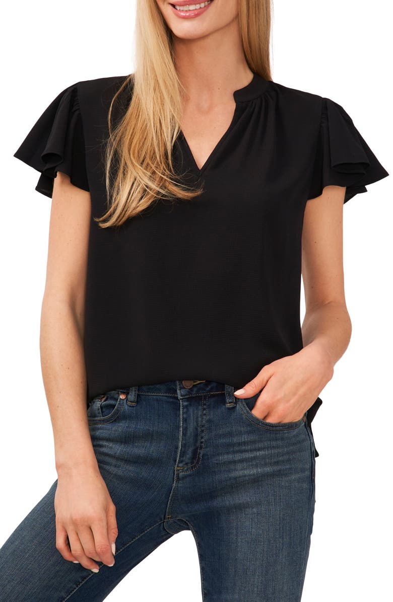 CeCe Flutter Sleeve V-Neck Top, Main, color, Rich Black