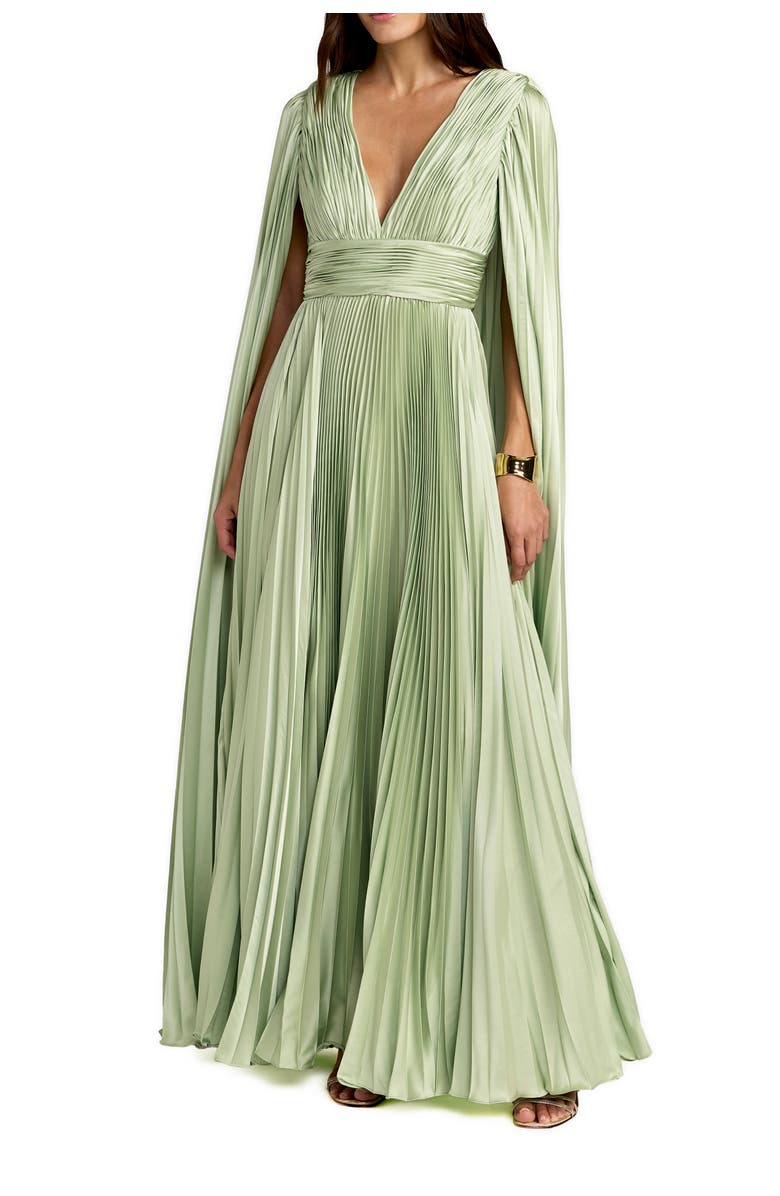 Mac Duggal Pleated Charmeuse V-Neck Gown with Cape Sleeves, Main, color, Sage