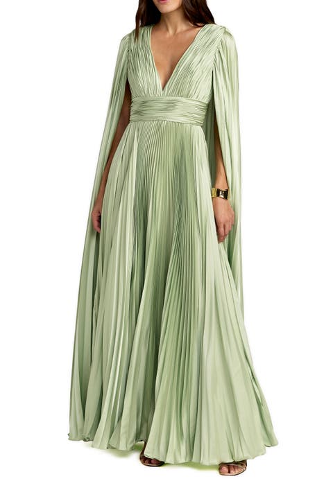 Pleated Charmeuse V-Neck Gown with Cape Sleeves