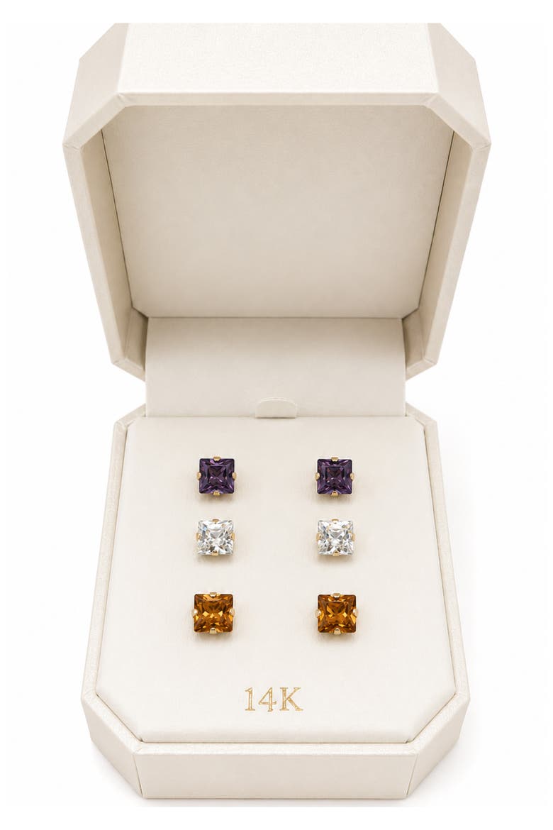 Set of 3 14k Gold Square Gemstone Stud Earrings, Alternate, color, GOLD PLATED