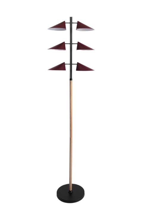 Ivo 65" Japandi-Inspired Floor Lamp with Oak and Red Accent, Integrated LEDs