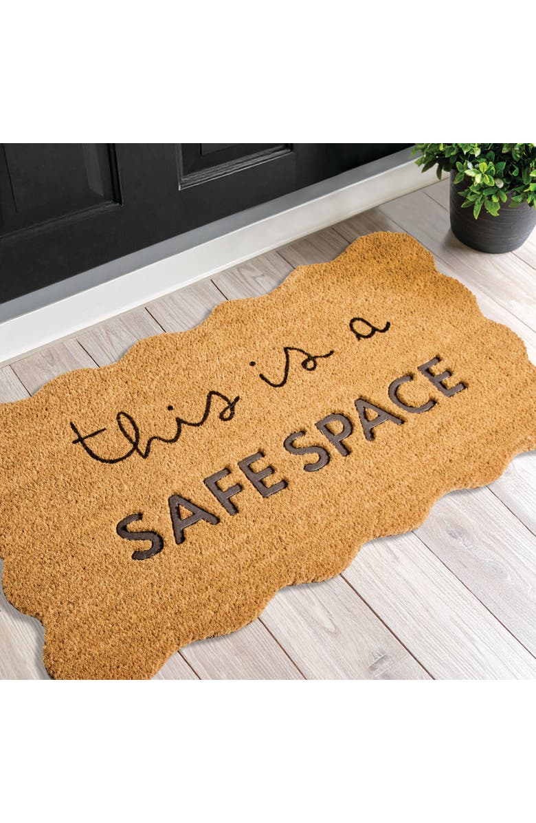 mDesign This is a Safe Space Scalloped Coir Rectangular Doormat, Natural/Black, Alternate, color,