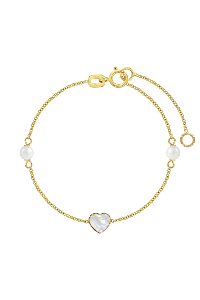 14k Mother of Pearl Heart & Pearls Bracelet, Main, color, White