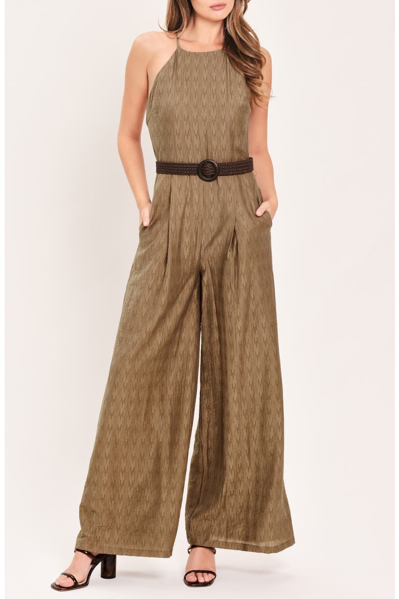 Halter Neck Belted Jumpsuit, Alternate, color, BROWN