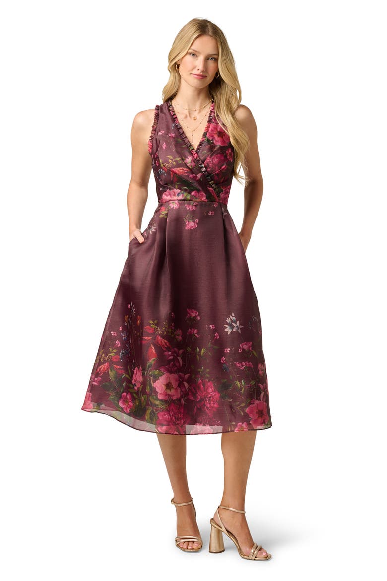 Placed Floral Organza Midi Dress, Alternate, color, BURGUNDY MULTI