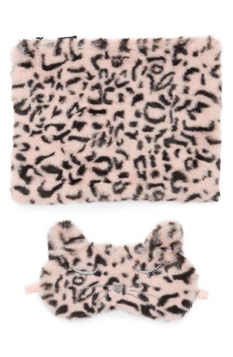 Kids' Cheetah Faux Fur Travel Pouch & Eye Mask Set