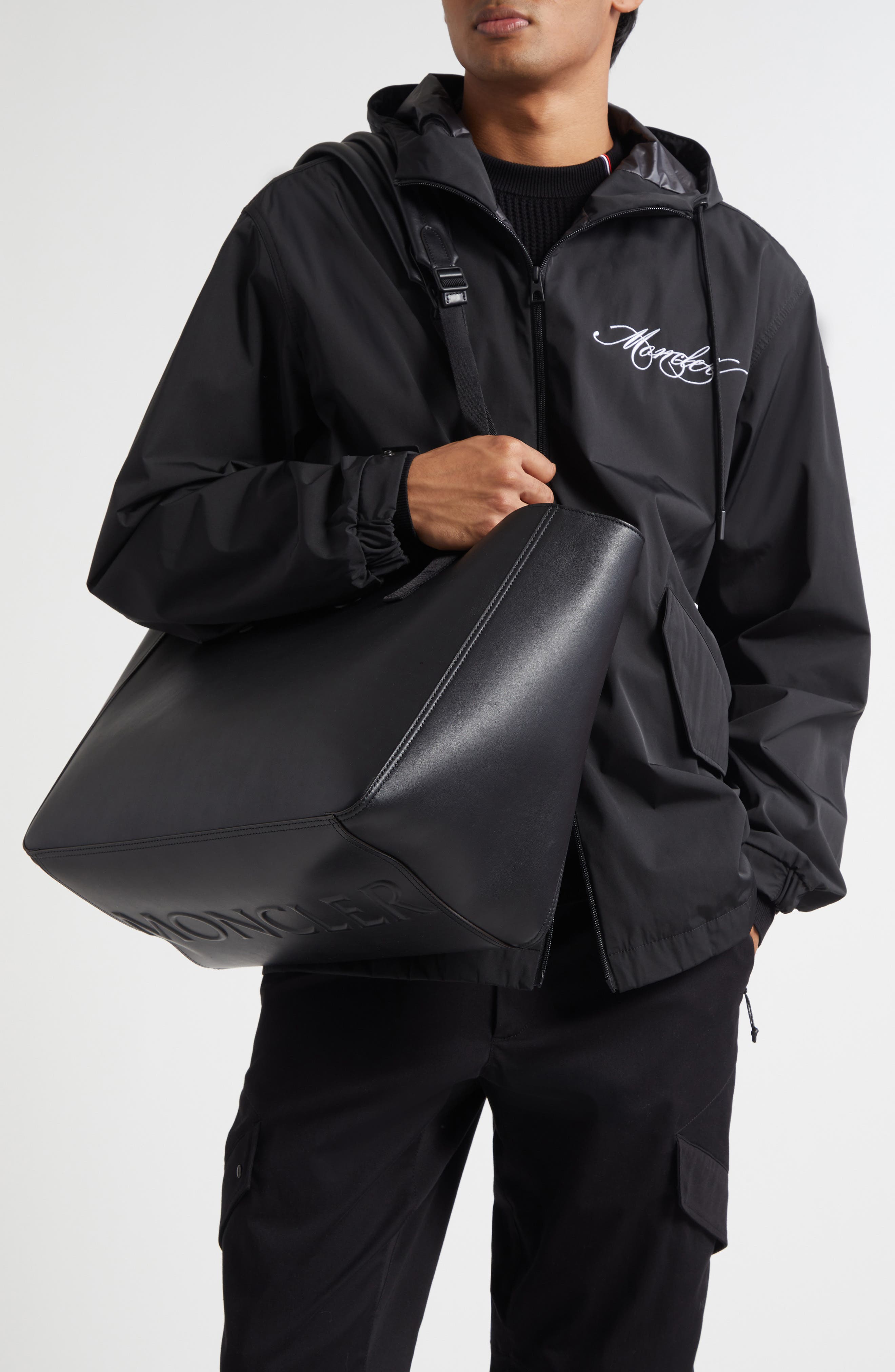 Moncler Carlo Leather Tote, Alternate, color, Black