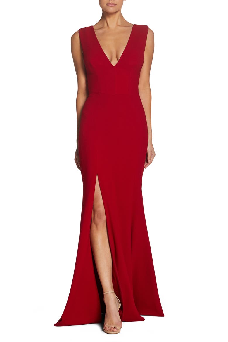 Sandra Plunge Crepe Trumpet Gown, Main, color, GARNET