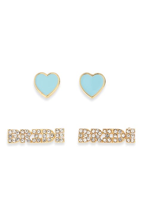 Set of 2 Bride & Heart Stud Earrings