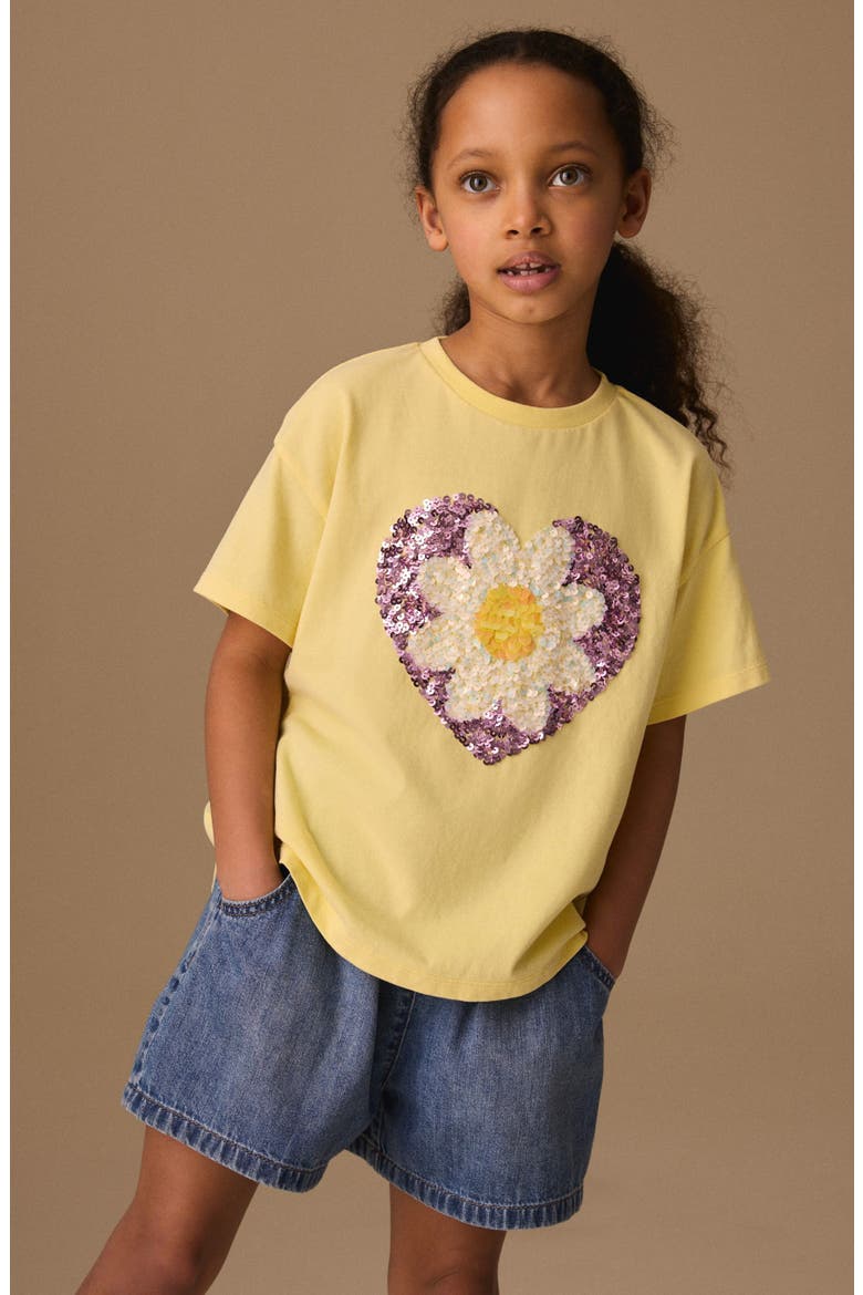 Kids' Daisy Heart Sequin Cotton T-Shirt, Alternate, color, YELLOW